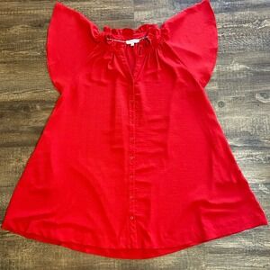 Umgee Red Flutter Sleeve Ruffle Neck Button Down Dress Women XL